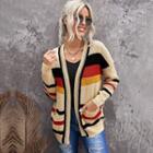 Color Block Striped Pocketed Loose-fit Knit Cardigan