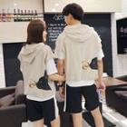 Short-sleeve Cat Print Hooded Couple Matching T-shirt / Shorts