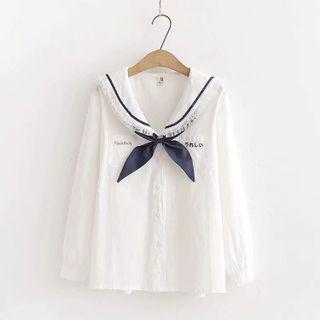 Japanese Character Embroidered Lace Trim Blouse White - One Size