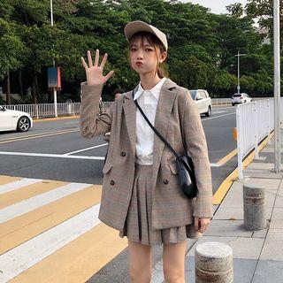 Plaid Double Breasted Blazer / Dress Pants / Pleated Mini Skirt