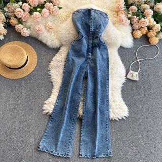 Denim Strapless Wide Leg Jumpsuit