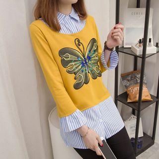 Butterfly Applique Mock Two-piece Long-sleeve Top