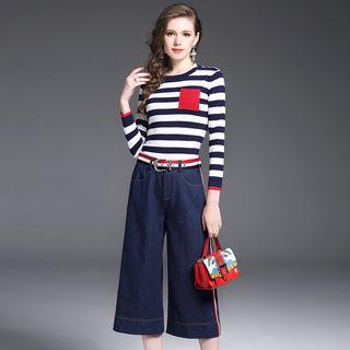 Set: Stripe Long-sleeve Knit Top + Capri Wide Leg Pants