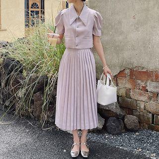 Set: Short-sleeve Blouse + Pleated A-line Midi Skirt