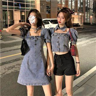 Short-sleeve Washed Denim Crop Top / Mini A-line Dress