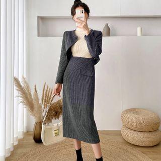 Single-button Cropped Jacket / Midi A-line Skirt / Knit Top / Set