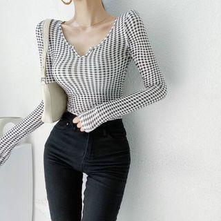V Neck Plaid Long-sleeve Top