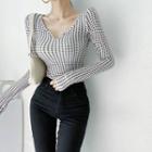 V Neck Plaid Long-sleeve Top