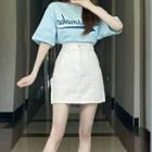 Elbow-sleeve Lettering T-shirt / High-waist Plain Skirt