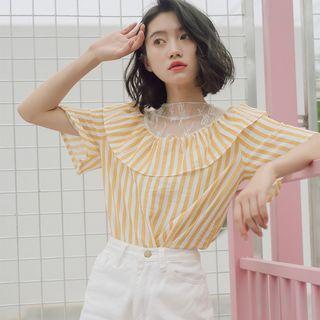 Lace Panel Striped Short-sleeve Top