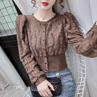 Lace Trim Button-up Knit Panel Top