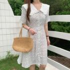 Short-sleeve Floral Print Frill Trim Collar A-line Dress