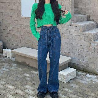 High-waist Wide-leg Jeans / Crop Knit Top