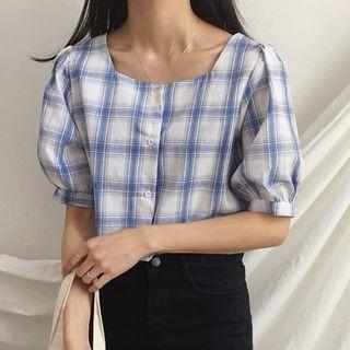 Plaid Short-sleeve Square Neck Blouse
