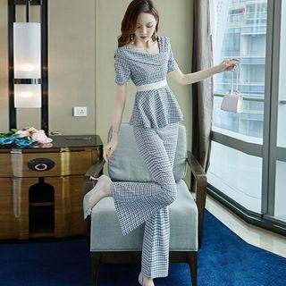 Set: Elbow-sleeve Plaid Blouse + Wide-leg Pants