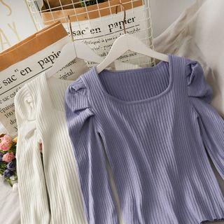 Puff-sleeve Rib-knit Crop Top