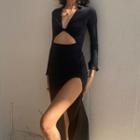 Plain Mock-neck Long Sleeve Cut-out Side-slit Dress