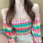Puff-sleeve Smocked Plaid Top As Shown In Figure - One Size