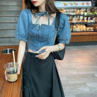 Short-sleeve Zip Denim Blouse / Midi A-line Skirt