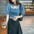 Short-sleeve Zip Denim Blouse / Midi A-line Skirt