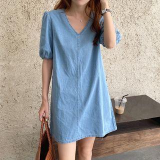 V-neck Short-sleeve Denim Shift Dress Denim Blue - One Size
