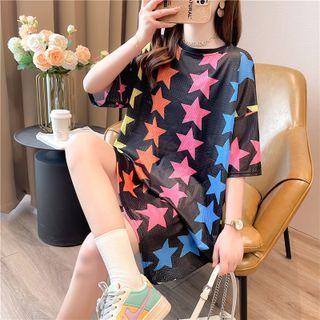 Elbow-sleeve Star Print Oversized T-shirt Black - One Size