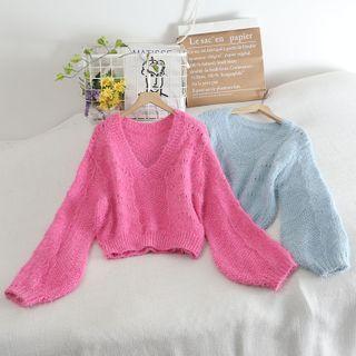 Lantern-sleeve V-neck Open-knit Sweater