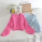 Lantern-sleeve V-neck Open-knit Sweater