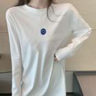 Smiley Face Embroidered Long-sleeve T-shirt White - One Size