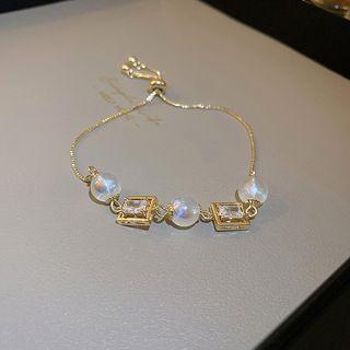 Faux Pearl Rhinestone Alloy Bracelet 1pc - Gold & White - One Size