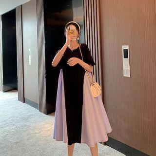 Color Panel Elbow-sleeve Midi A-line Dress