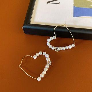 Faux Pearl & Rhinestone Heart Hoop Earring 1 Pair - As Shown In Figure - One Size