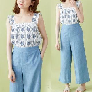 Set: Leaf Printed Sleeveless Top + High-waist Wide-leg Pants Blue - One Size