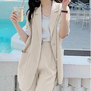 Set: Elbow-sleeve Single-breasted Blazer + Dress Shorts