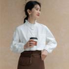 Long-sleeve Ruffle-collar Blouse White - One Size
