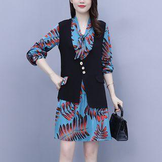Set: Long-sleeve Leaf Print Shift Dress + Asymmetrical Vest