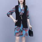 Set: Long-sleeve Leaf Print Shift Dress + Asymmetrical Vest
