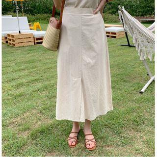 Band-waist Slit-front A-line Skirt Light Beige - One Size