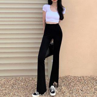 U-neck Plain T-shirt / High-waist Slit Pants