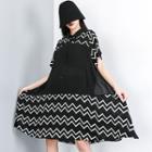 Short-sleeve Pattern Chiffon Dress Black - One Size
