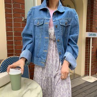 Button-sleeve Flap Denim Jacket Blue - One Size