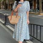 Puff-sleeve Slim-fit Floral Print Midi Dress Blue - One Size