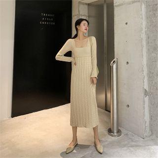 Square-neck Cable Knit Midi A-line Dress