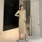 Square-neck Cable Knit Midi A-line Dress