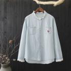 Long-sleeve Lace-trim Washed Denim Shirt As Shown In Figure - One Size