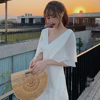 V-neck Short-sleeve Midi Slit Mermaid Dress