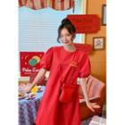 Peko Land Puff-sleeve A-line Dress Red - One Size