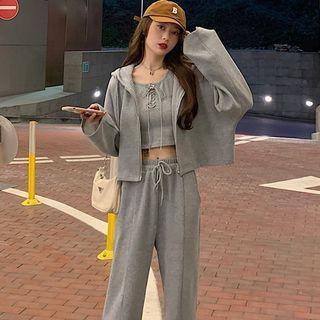 Long-sleeve Zip-up Hoodie / Tie-strap Tank Top / Slit Drawstring Pants