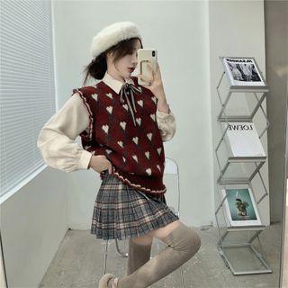 Puff-sleeve Shirt / Heart Print Knit Vest / Plaid A-line Skirt