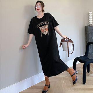Short-sleeve Tiger Print Midi T-shirt Dress